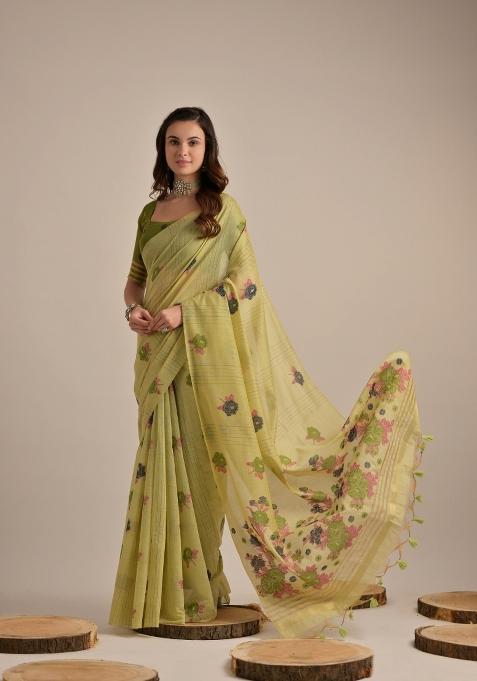Green Resham Work Cotton Blend Saree Set