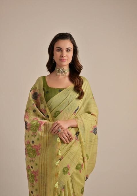 Green Resham Work Cotton Blend Saree Set