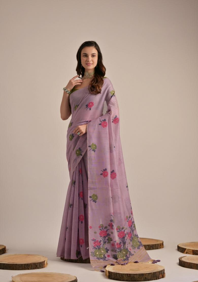 Green Resham Work Cotton Blend Saree Set