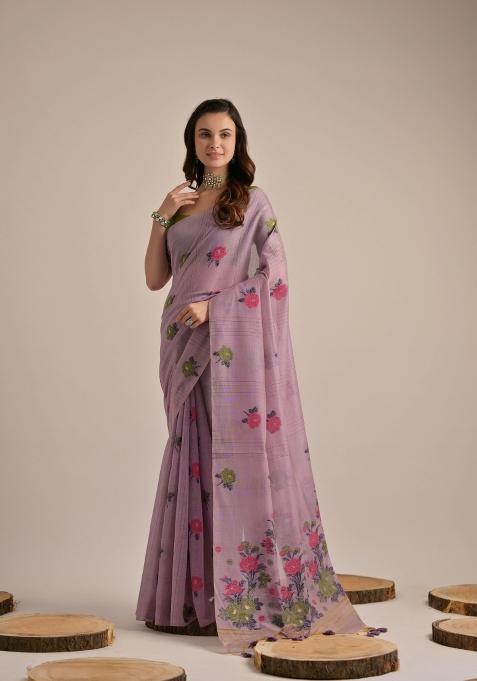 Green Resham Work Cotton Blend Saree Set