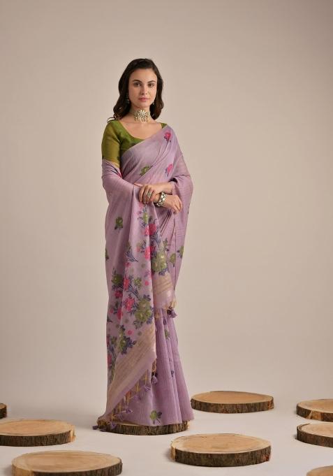 Green Resham Work Cotton Blend Saree Set