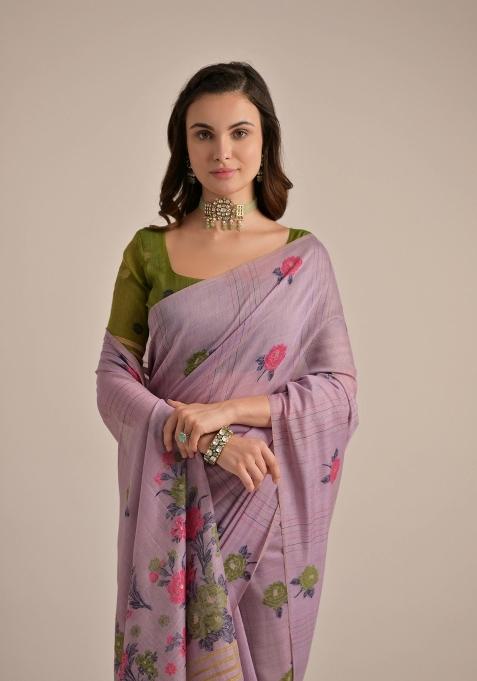 Green Resham Work Cotton Blend Saree Set