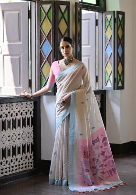 Pink Resham Work Cotton Blend Saree Set