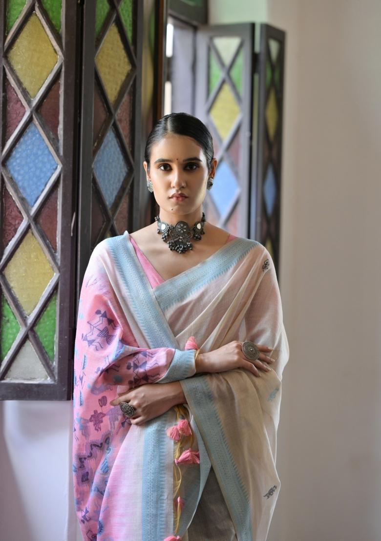 Pink Resham Work Cotton Blend Saree Set