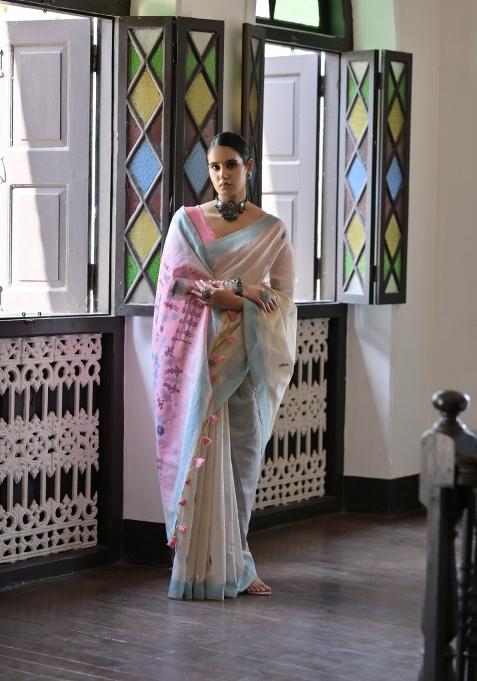 Pink Resham Work Cotton Blend Saree Set