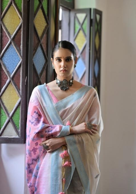 Pink Resham Work Cotton Blend Saree Set