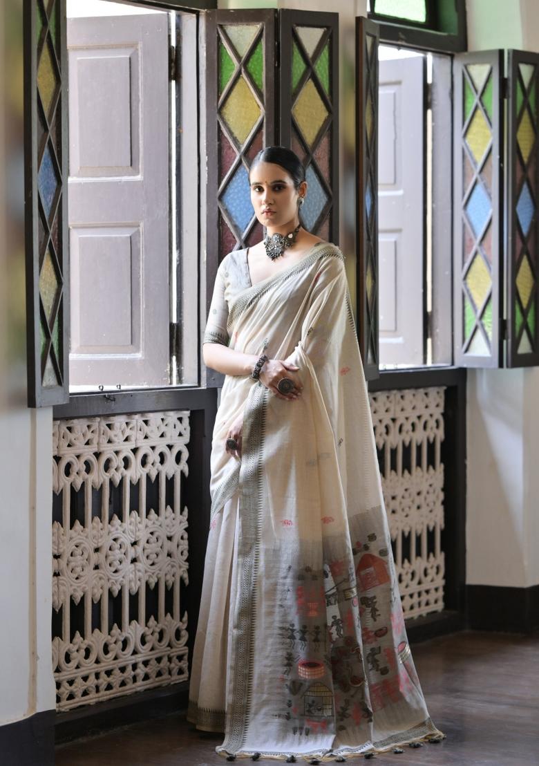 Grey Resham Work Cotton Blend Saree Set