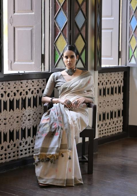 Grey Resham Work Cotton Blend Saree Set