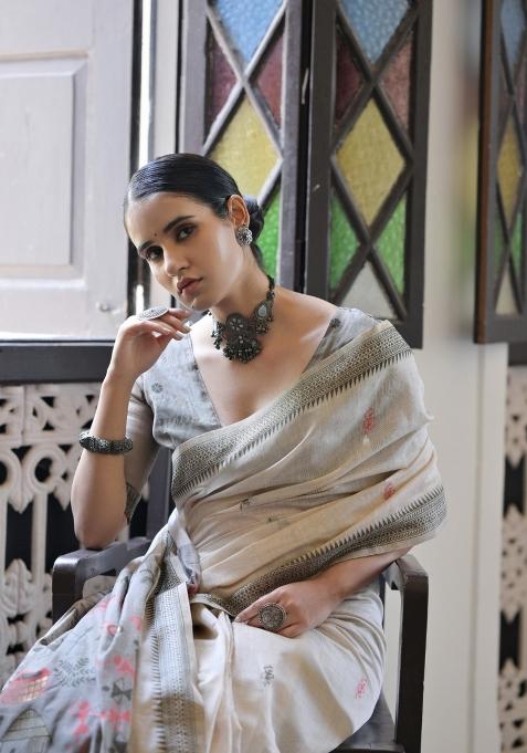 Grey Resham Work Cotton Blend Saree Set