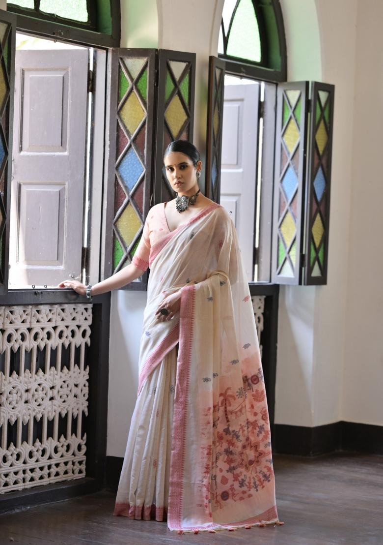 Peach Resham Work Cotton Blend Saree Set