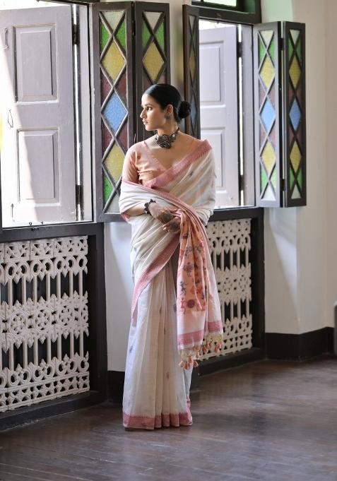 Peach Resham Work Cotton Blend Saree Set