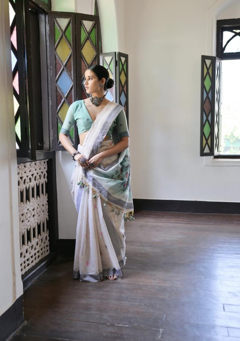 Blue Resham Work Cotton Blend Saree Set