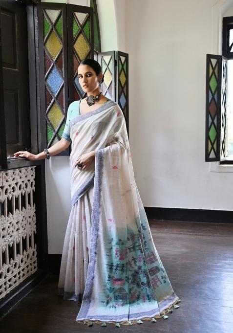 Blue Resham Work Cotton Blend Saree Set