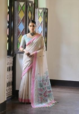 Sea Green Resham Work Cotton Blend Saree Set