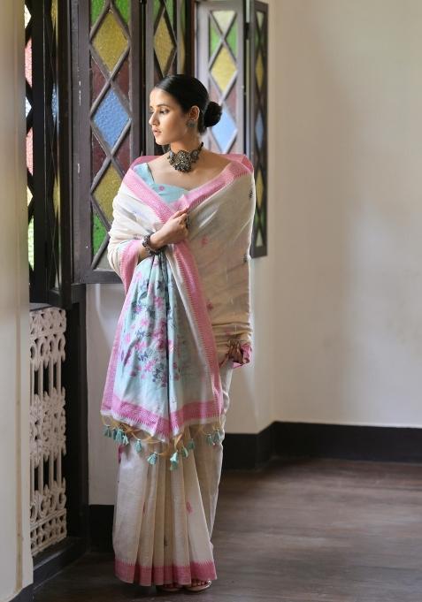 Sea Green Resham Work Cotton Blend Saree Set