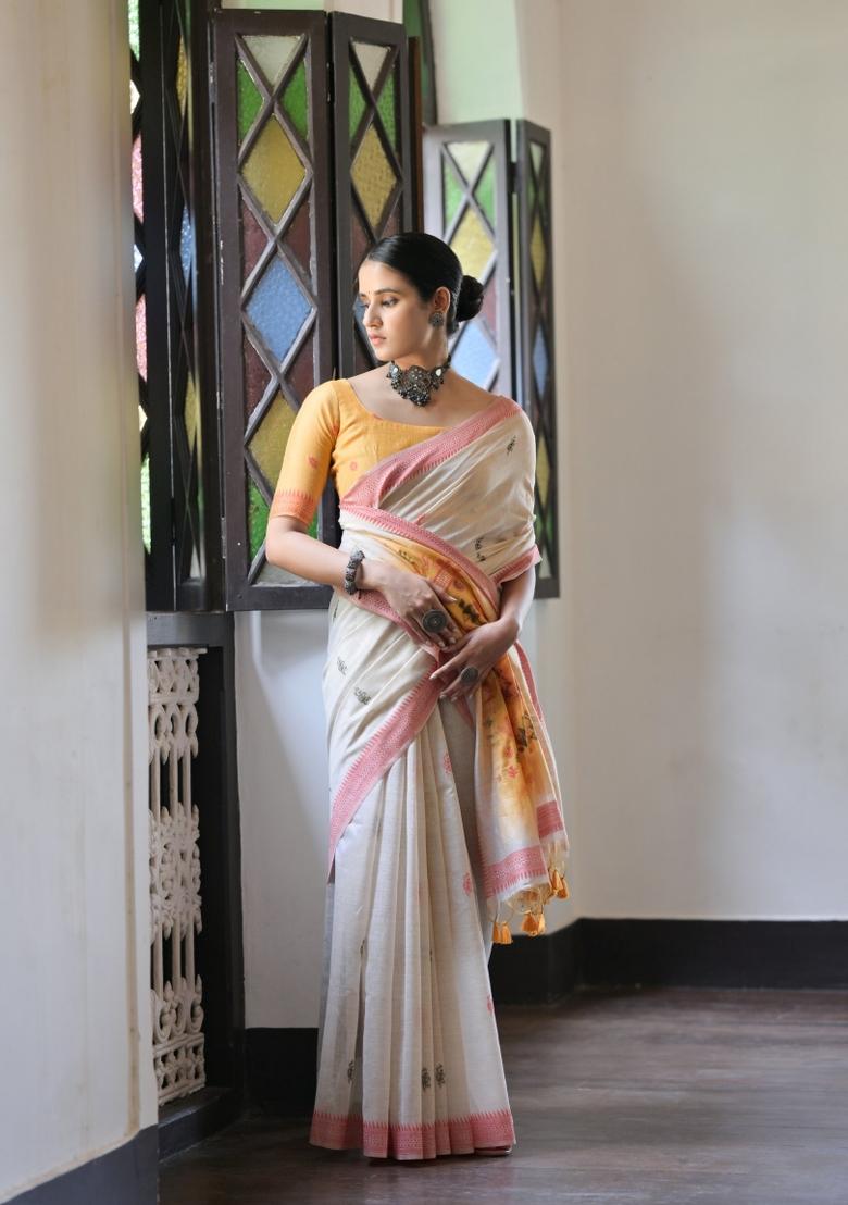 Orange Resham Work Cotton Blend Saree Set