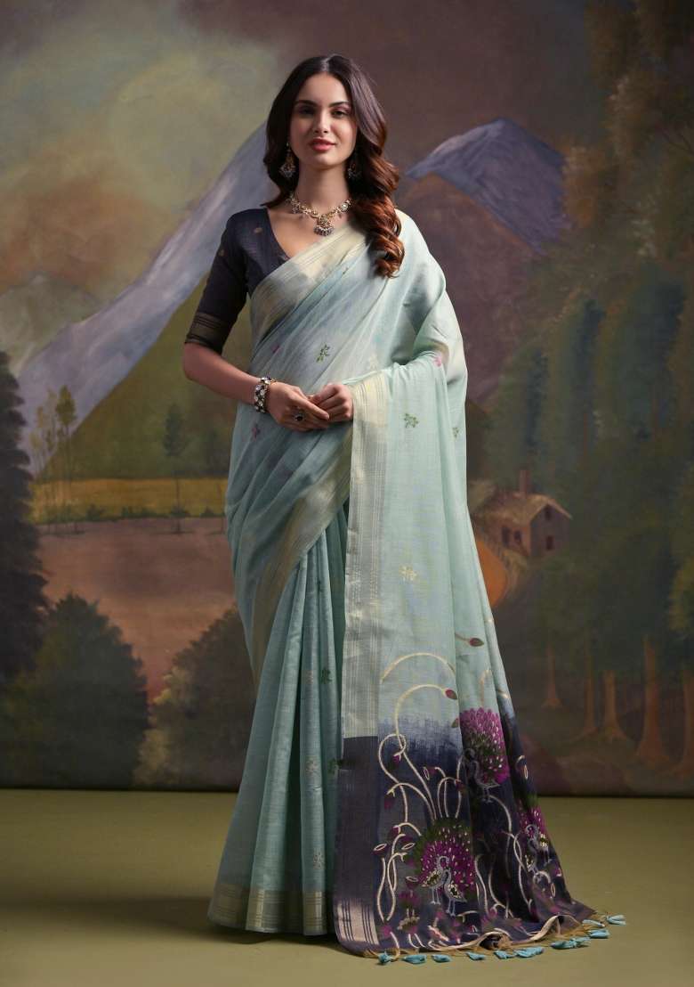 Sky Blue Resham Work Blend Cotton Saree Set for Diwali | Wedding & Festive Wear - Indya