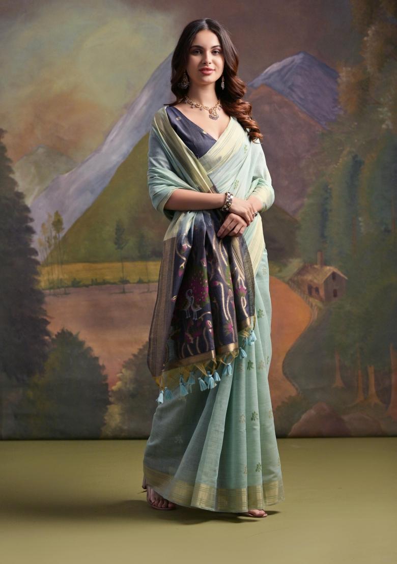 Sky Blue Resham Work Cotton Blend Saree Set