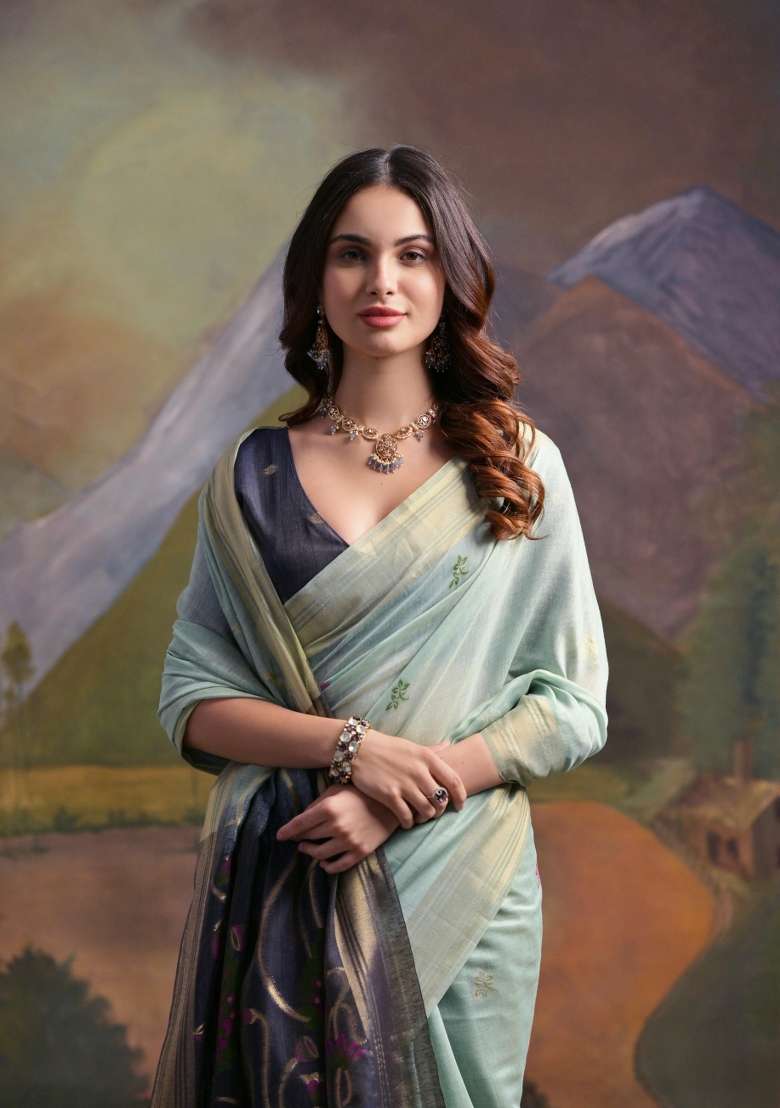 Sky Blue Resham Work Blend Cotton Saree Set for Diwali | Wedding & Festive Wear - Indya