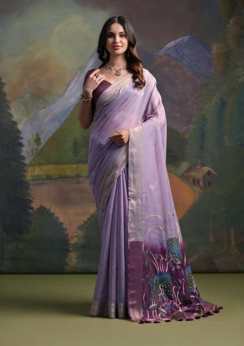 Lavender Resham Work Blend Cotton Saree Set for Diwali | Wedding & Festive Wear - Indya