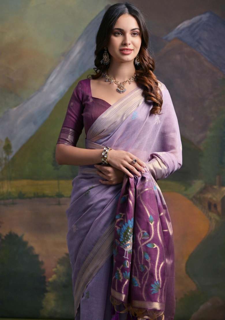 Lavender Resham Work Blend Cotton Saree Set for Diwali | Wedding & Festive Wear - Indya