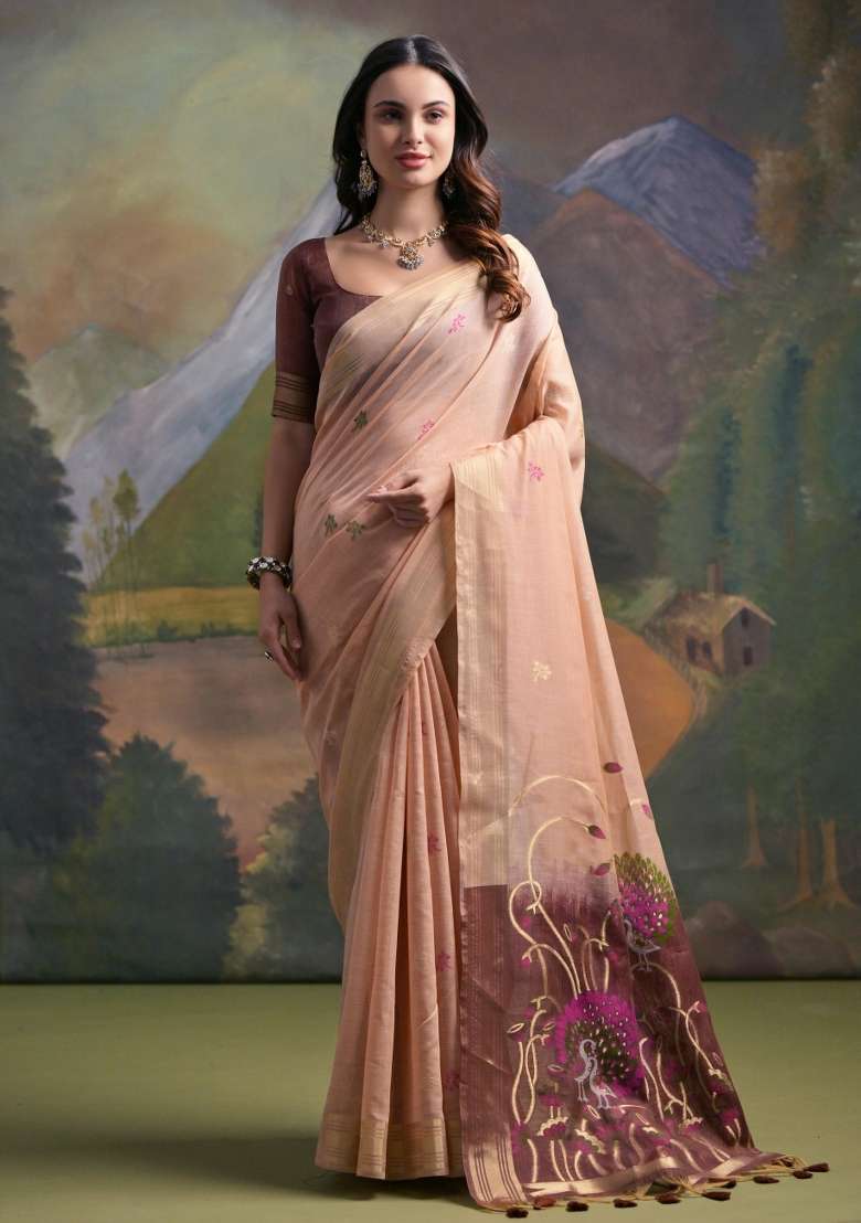 Peach Resham Work Cotton Blend Saree Set for Diwali and Festive Wear - Indya