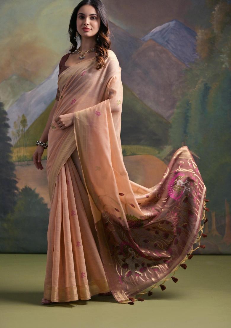 Peach Resham Work Cotton Blend Saree Set