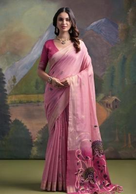 Pink Resham Work Cotton Blend Saree Set