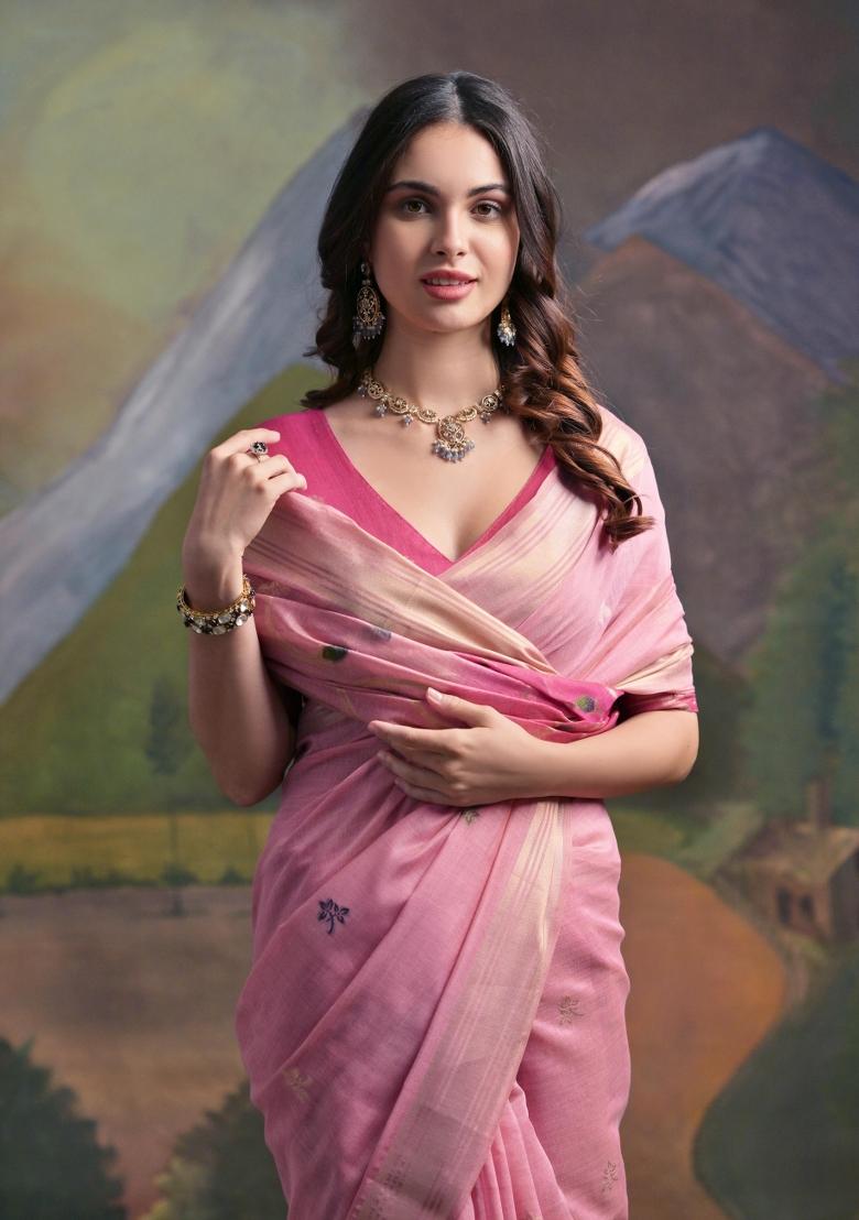 Pink Resham Work Cotton Blend Saree Set