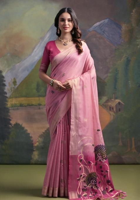 Pink Resham Work Cotton Blend Saree Set
