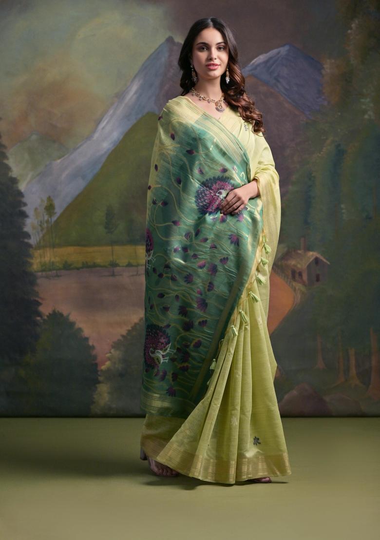 Green Resham Work Cotton Blend Saree Set