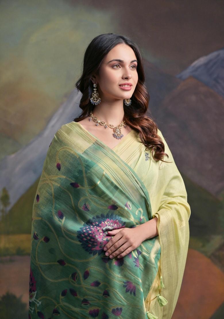 Green Resham Work Cotton Blend Saree Set