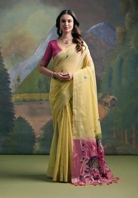 Yellow Resham Work Cotton Blend Saree Set