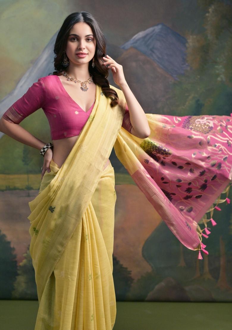 Yellow Resham Work Cotton Blend Saree Set