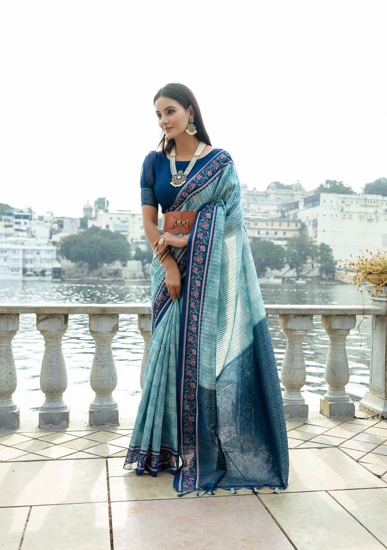 Blue Abstract Print Silk Blend Saree Set
