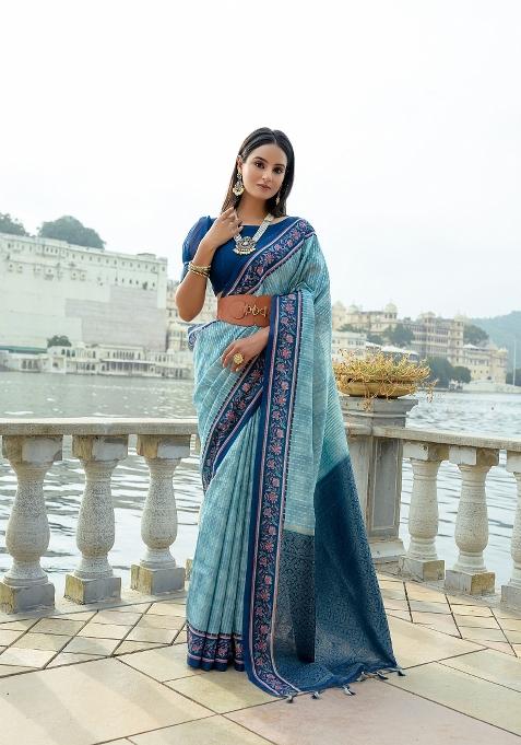 Blue Abstract Print Silk Blend Saree Set