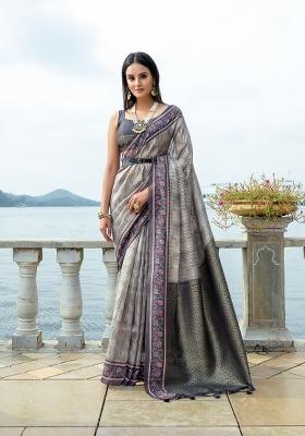 Black Abstract Print Silk Blend Saree Set