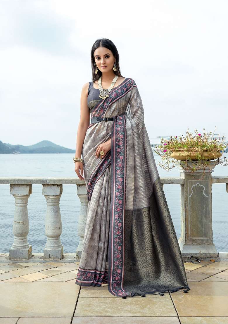 Black Abstract Print Silk Blend Saree Set - Indya