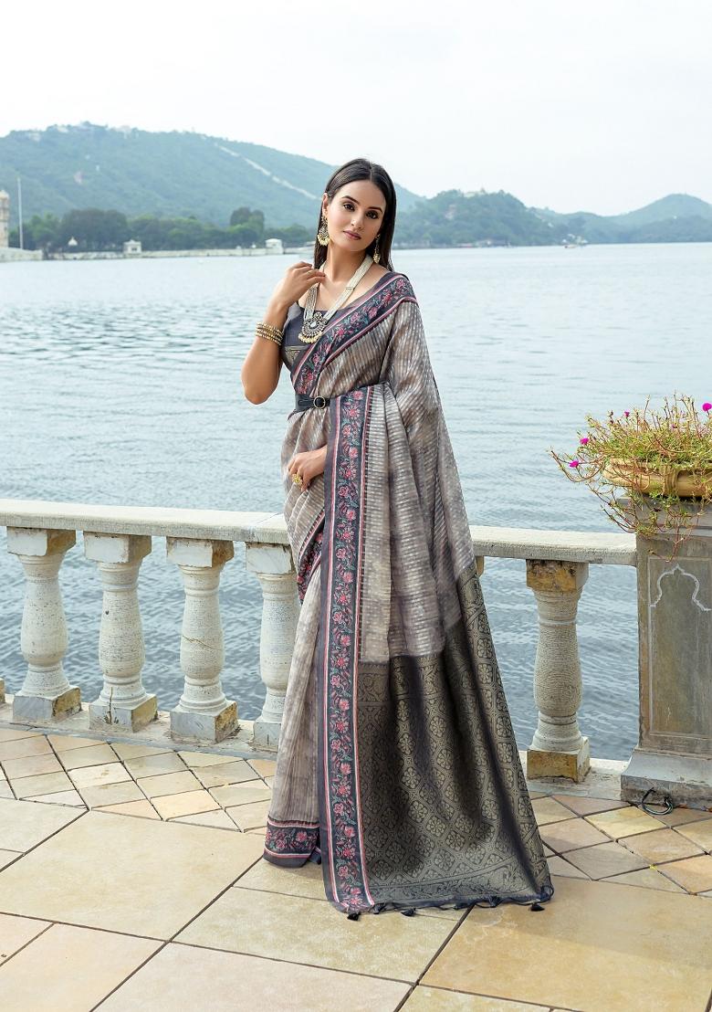Black Abstract Print Silk Blend Saree Set