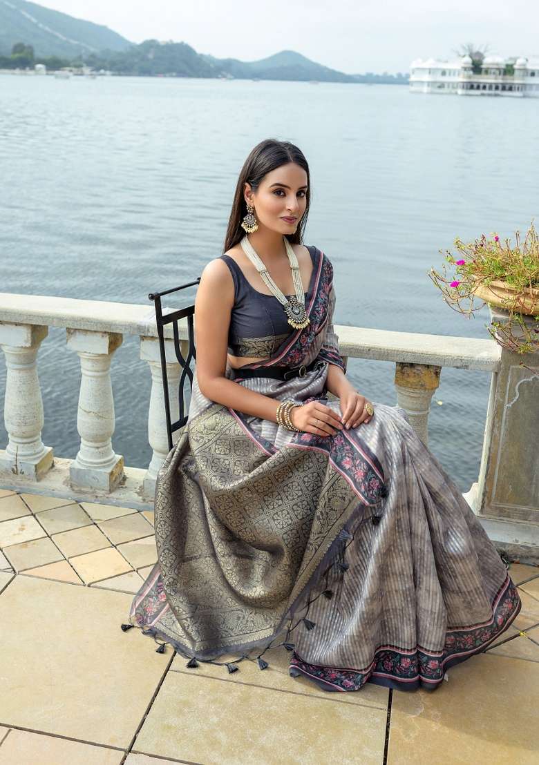 Black Abstract Print Silk Blend Saree Set - Indya
