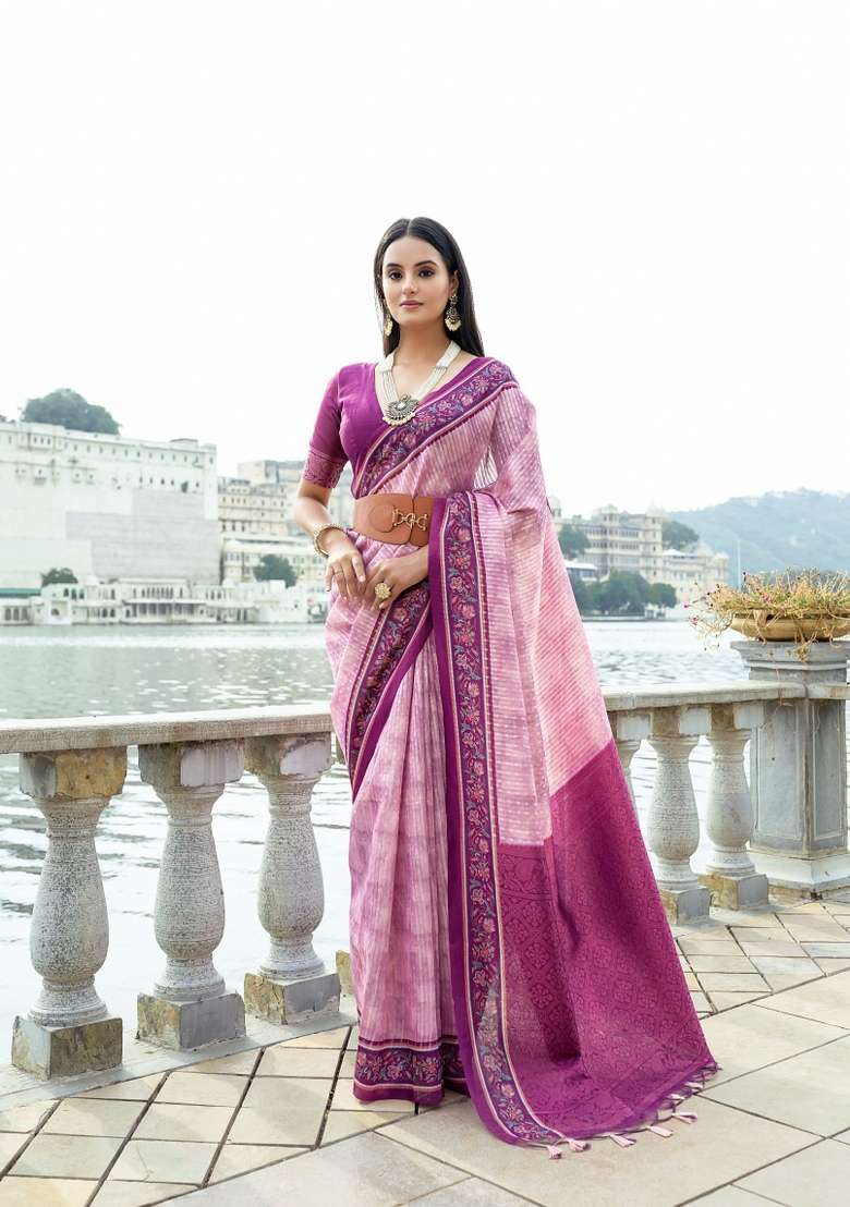 Purple Abstract Print Silk Blend Saree Set - Indya