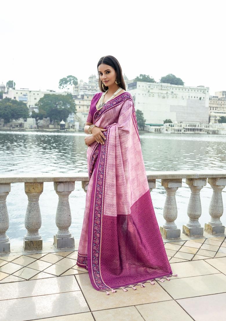 Purple Abstract Print Silk Blend Saree Set