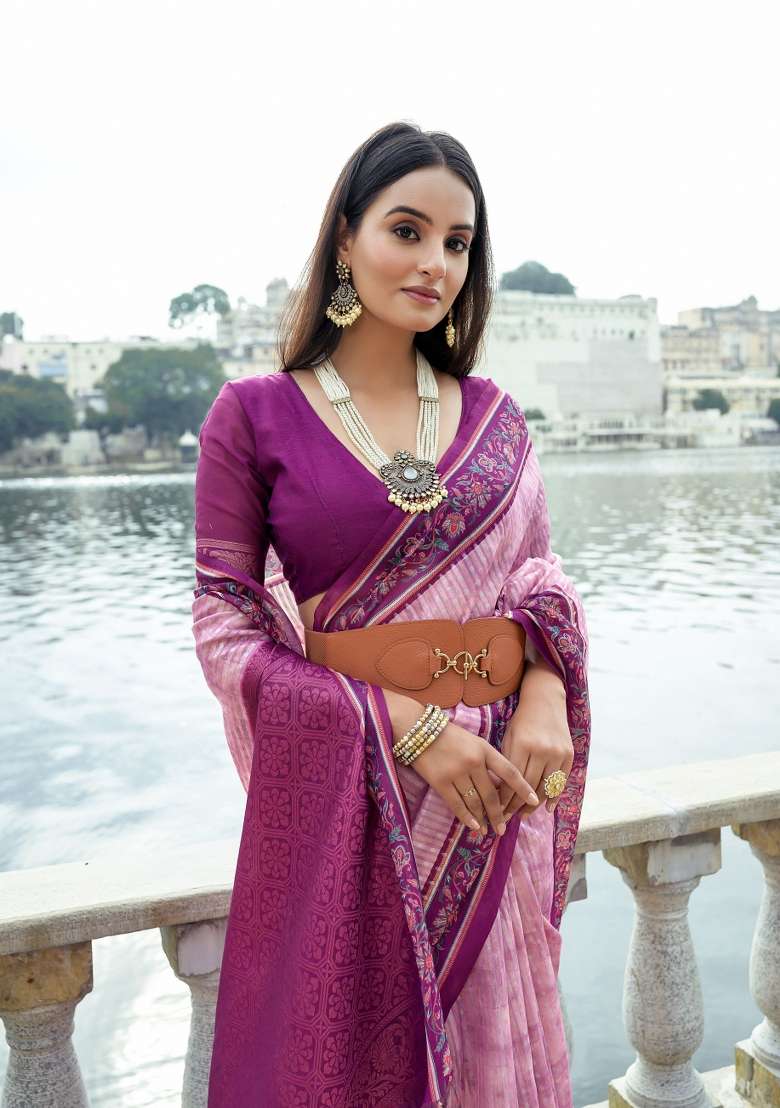 Purple Abstract Print Silk Blend Saree Set - Indya