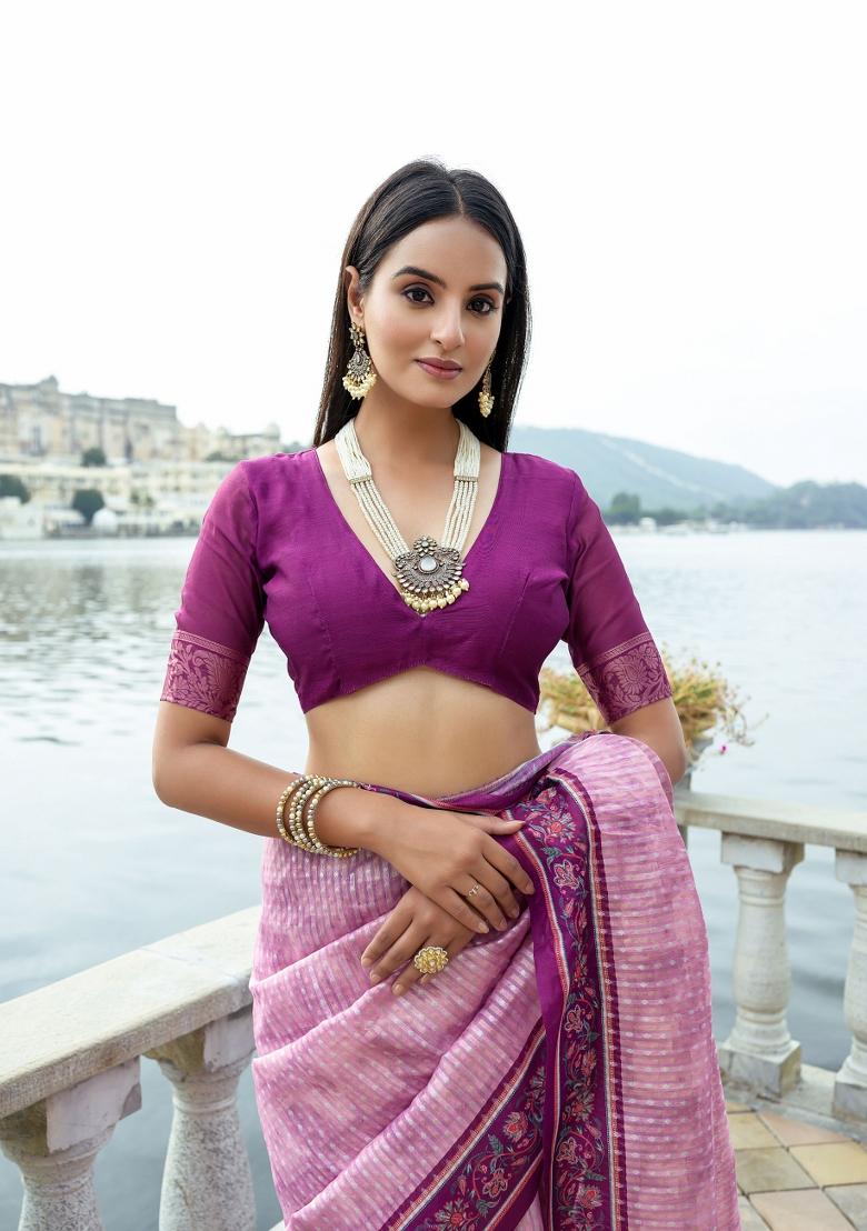 Purple Abstract Print Silk Blend Saree Set