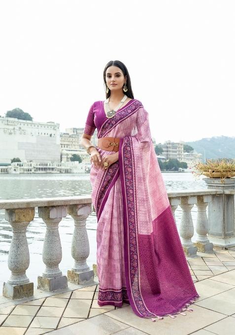 Purple Abstract Print Silk Blend Saree Set