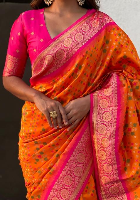 Red Zari Woven Silk Blend Saree Set