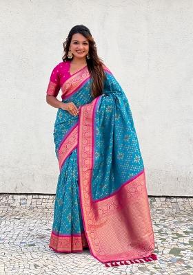 Pink Zari Woven Silk Blend Saree Set