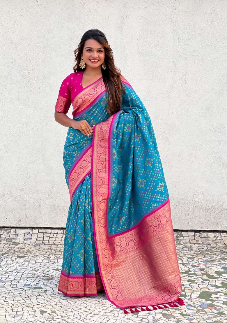 Pink Zari Woven Silk Blend Saree Set for Diwali | Wedding & Festive Wear - Indya