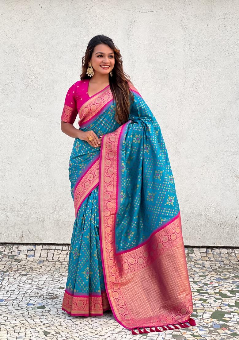 Pink Zari Woven Silk Blend Saree Set