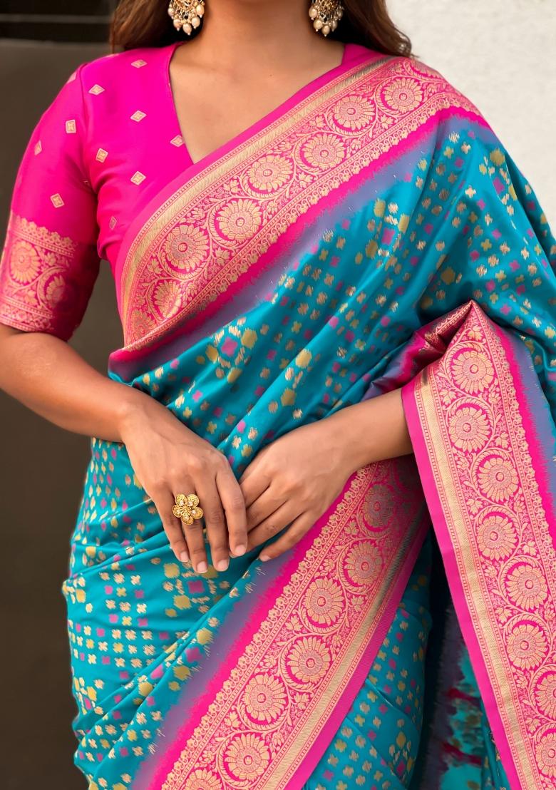Pink Zari Woven Silk Blend Saree Set